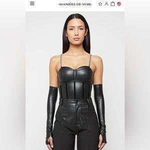 Maniere de Voir Vegan Leather Corset bodysuit w/ sleeves